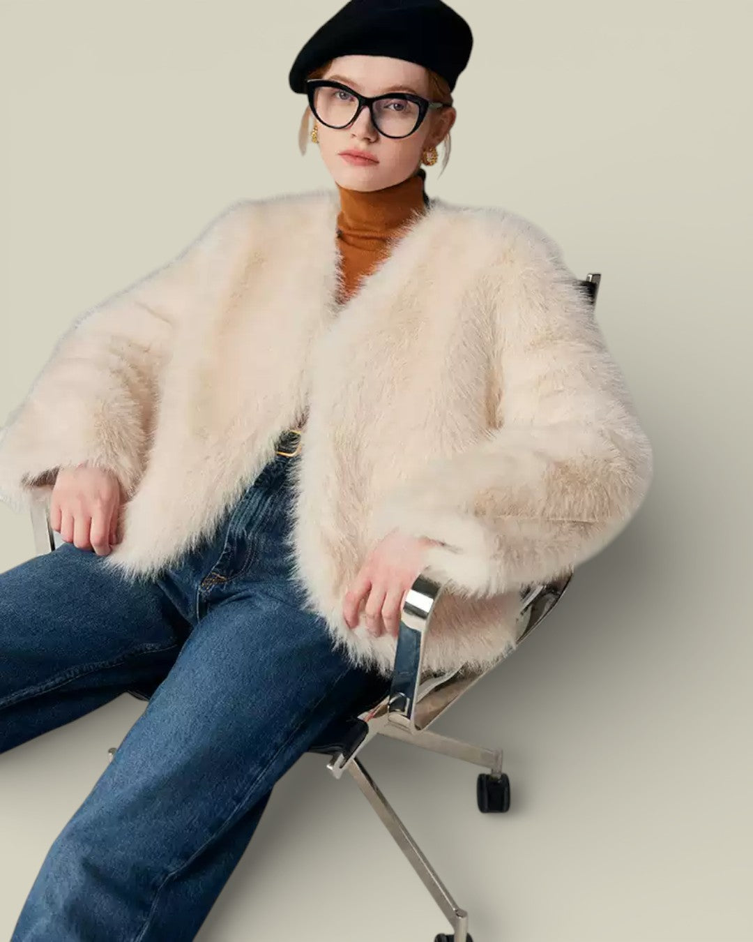 Hybriss "Lune" V-Neck Technical Fur Jacket