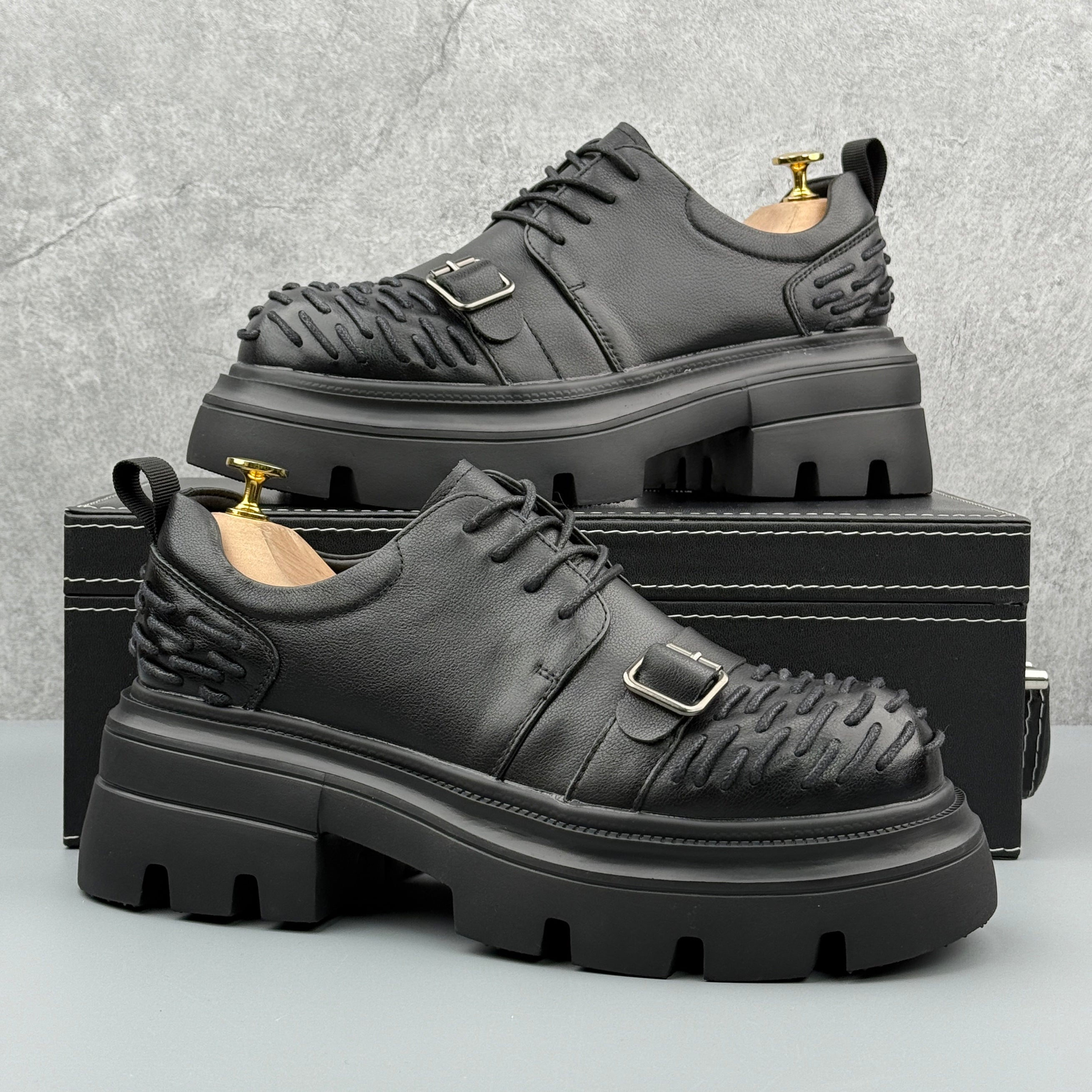 Hybriss Threadline Black– Leisure Casual Leather Shoes