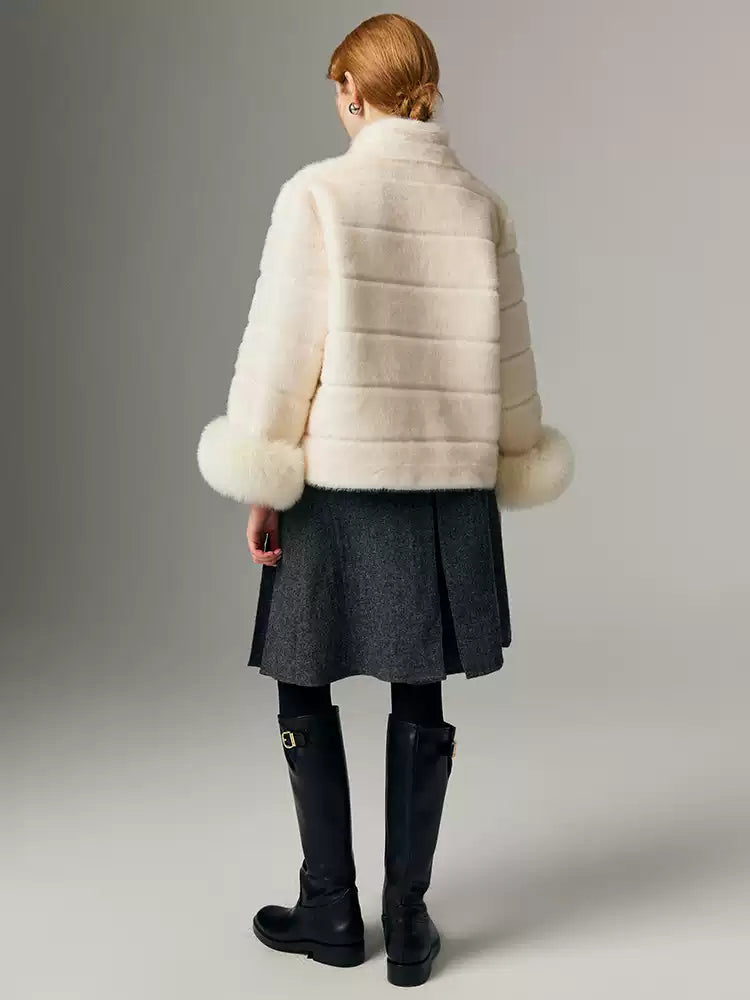 Hybriss "The Minimalist" Struktur-Jacke mit Pelz-Manschetten | White