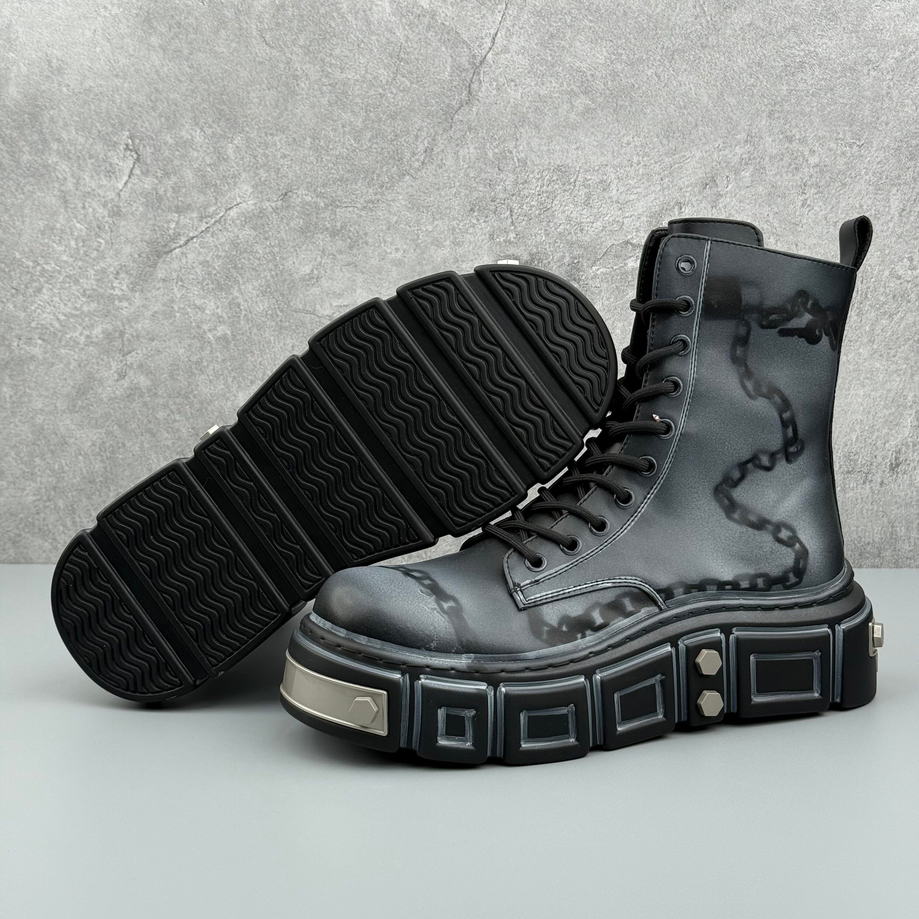 Hybriss Cipher– Martin Boots with Chain and Text Details
