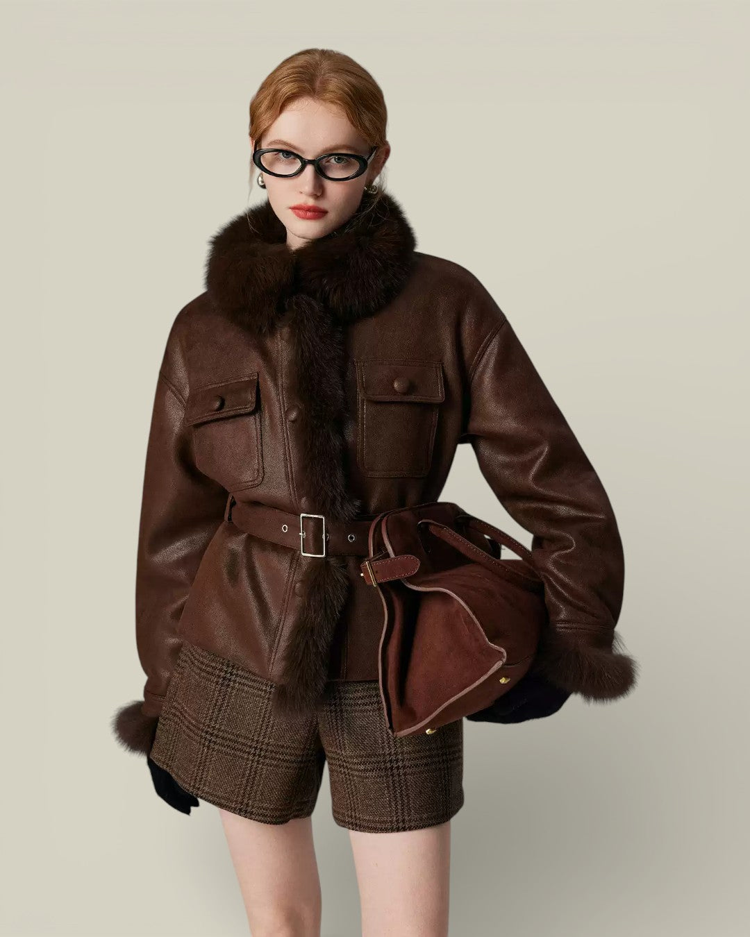 Hybriss "Terra" Fox-Trimmed Leather Utility Jacket