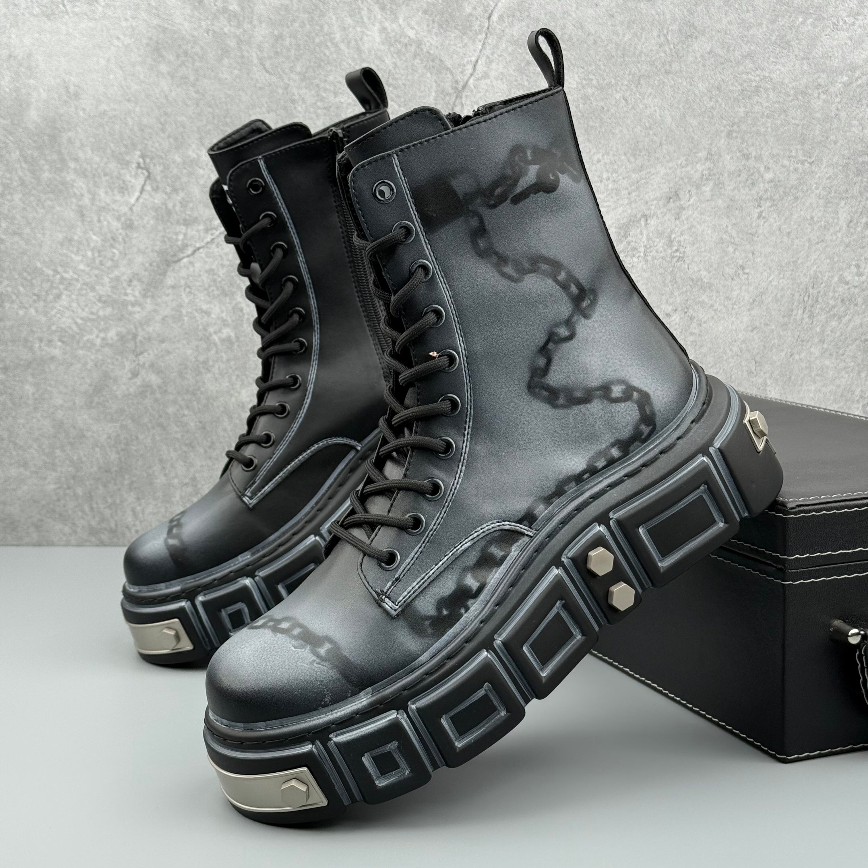 Hybriss Cipher– Martin Boots with Chain and Text Details