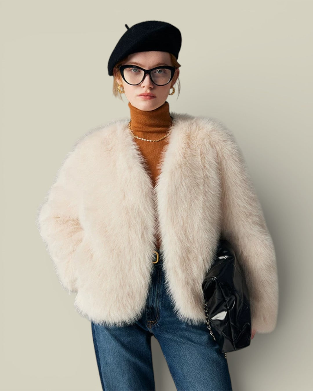 Hybriss "Lune" V-Neck Technical Fur Jacket