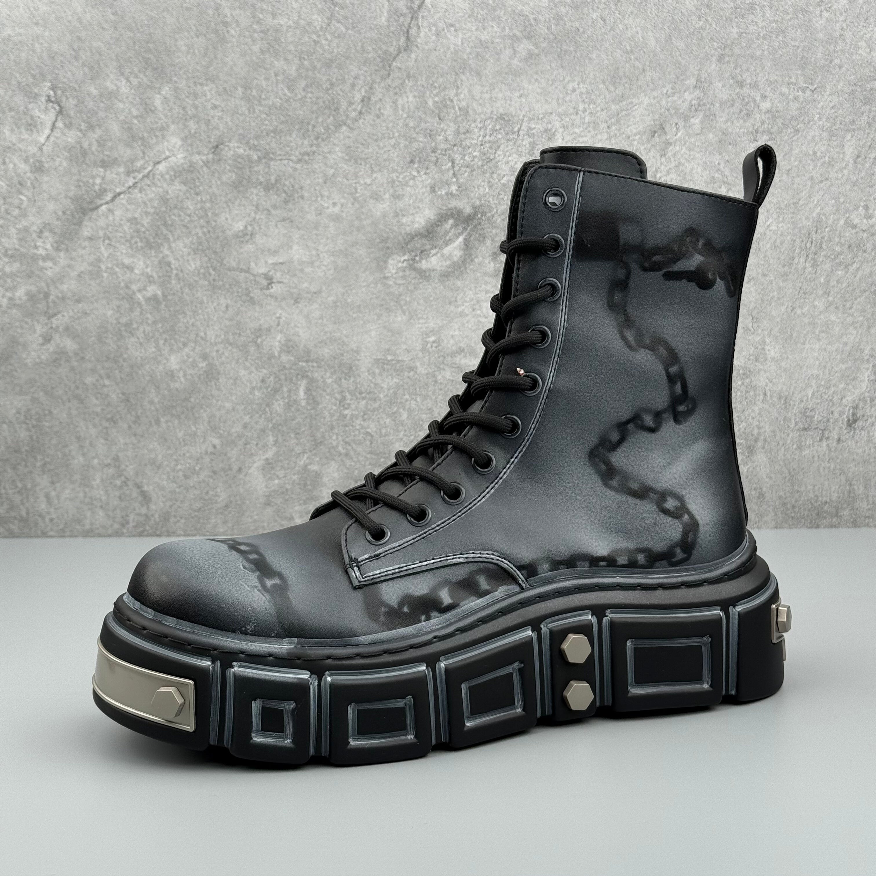 Hybriss Cipher– Martin Boots with Chain and Text Details