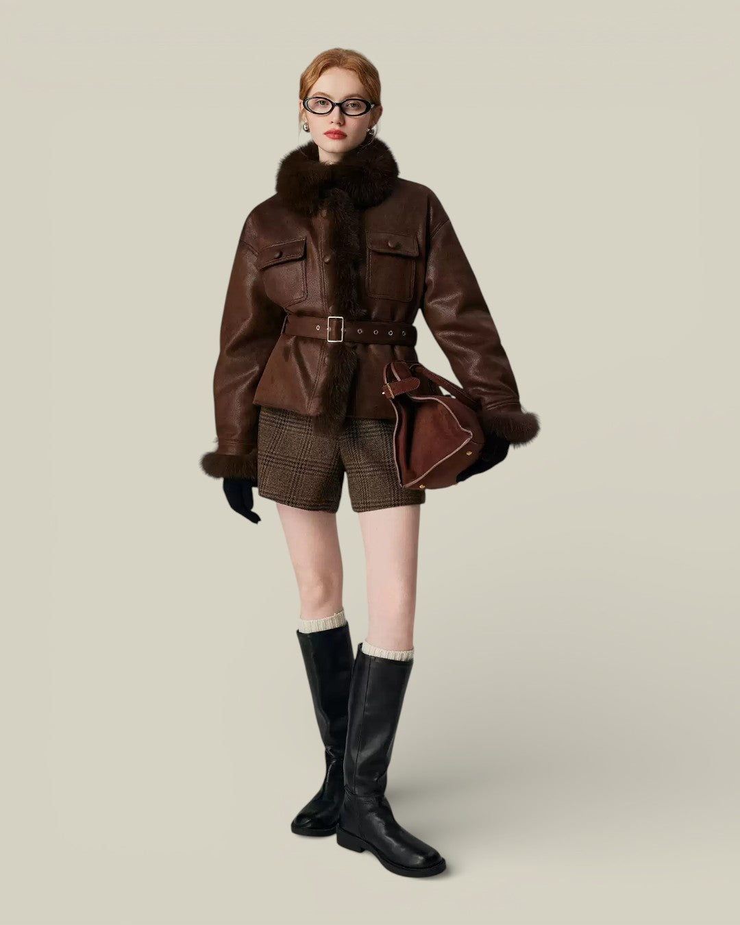 Hybriss "Terra" Fox-Trimmed Leather Utility Jacket