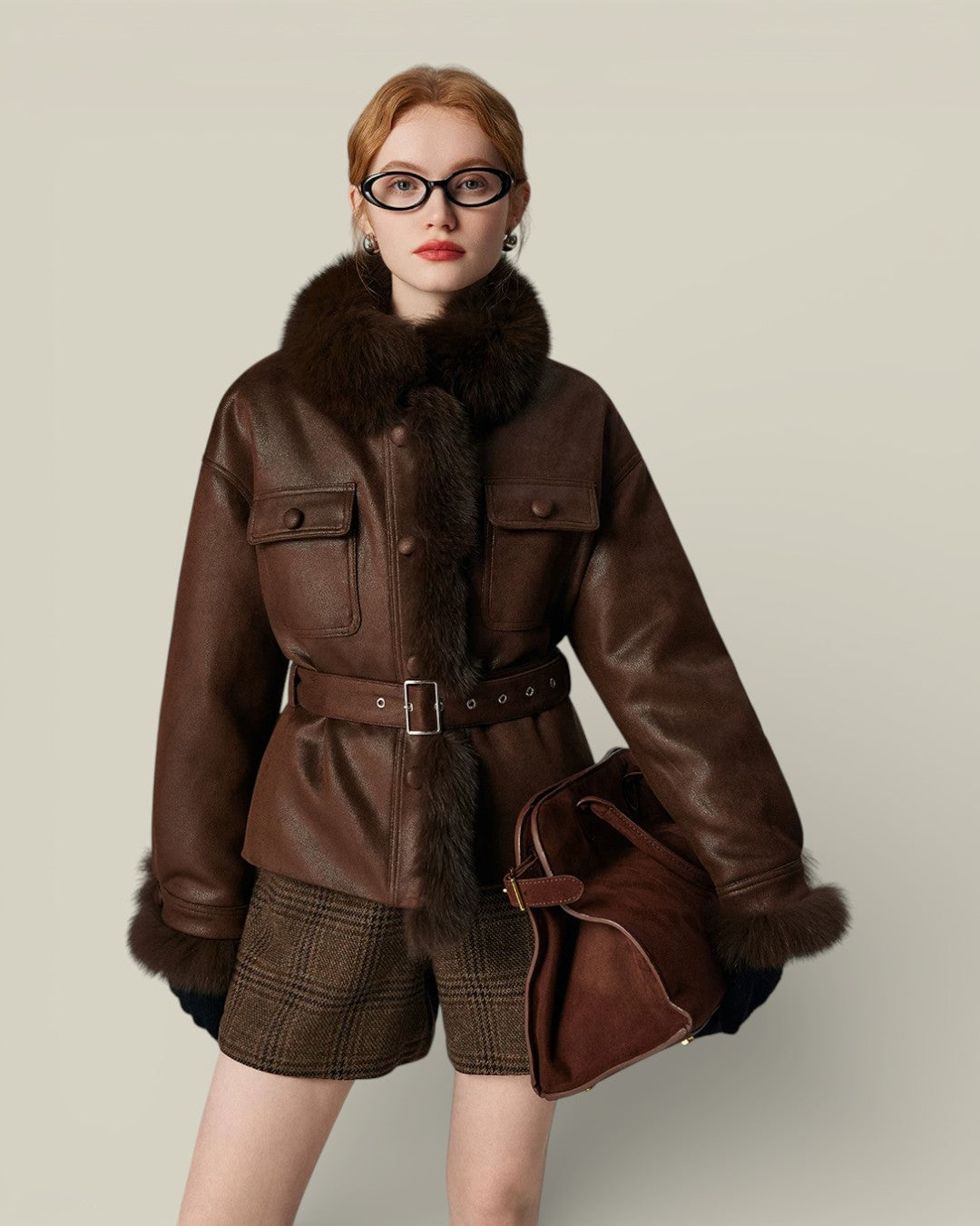 Hybriss "Terra" Fox-Trimmed Leather Utility Jacket