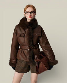 Hybriss "Terra" Fox-Trimmed Leather Utility Jacket