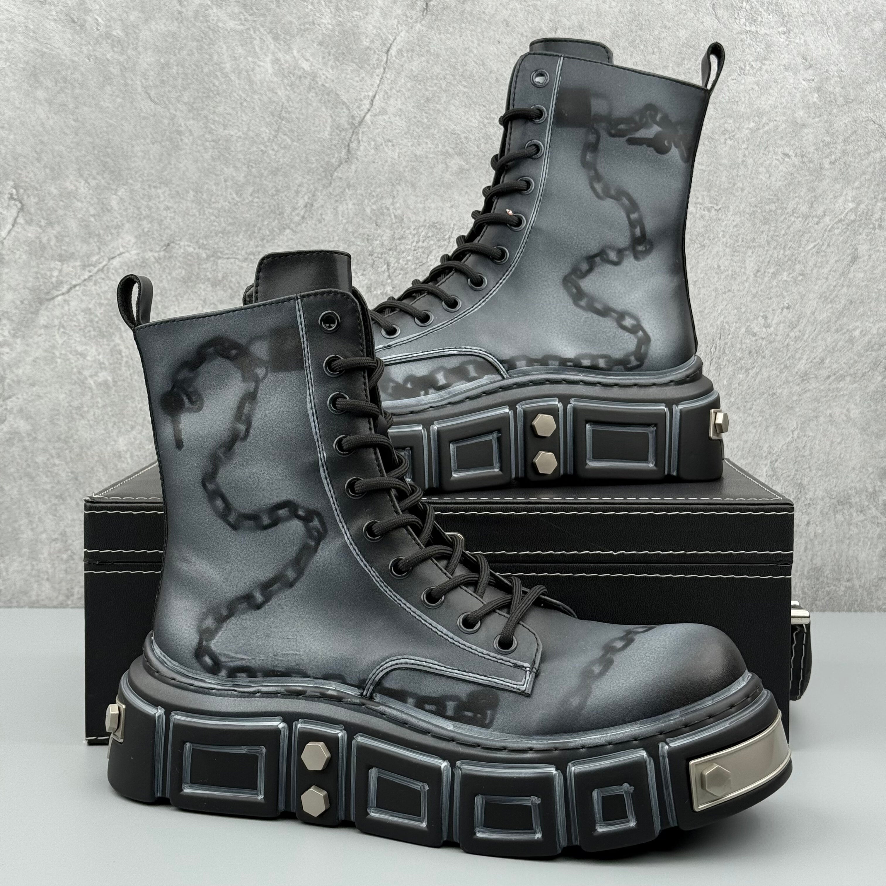 Hybriss Cipher– Martin Boots with Chain and Text Details