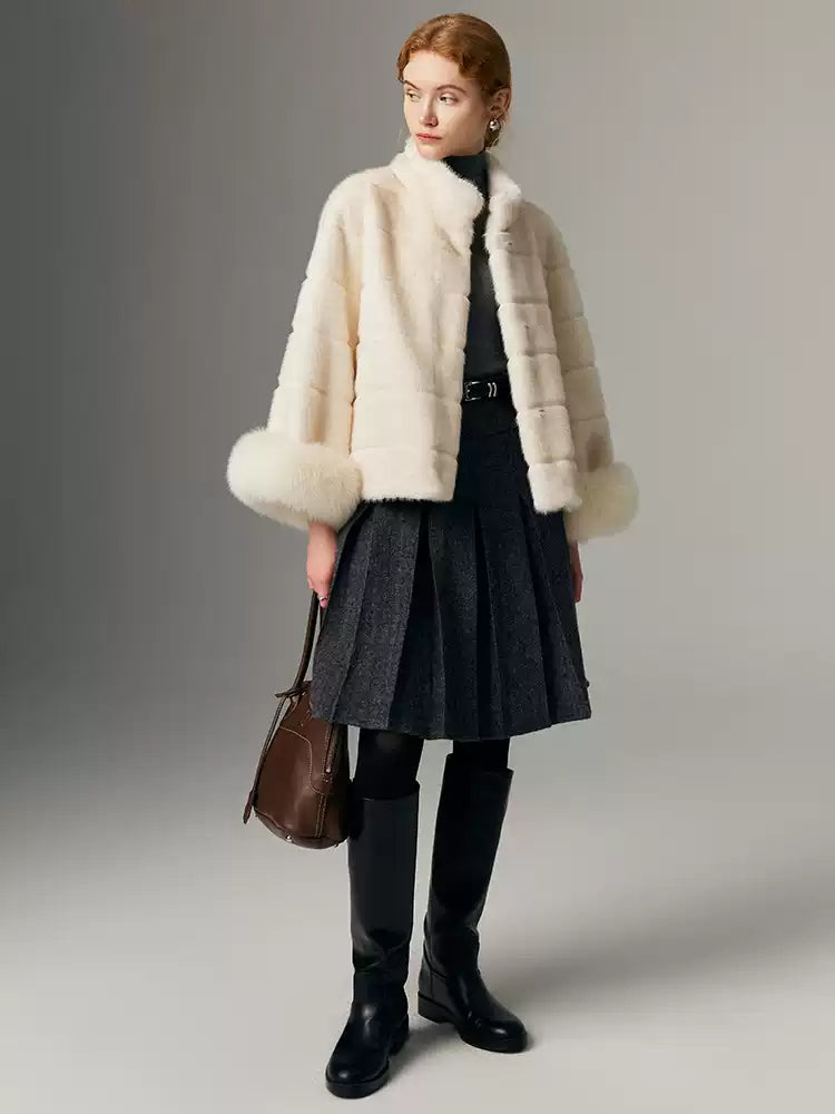 Hybriss "The Minimalist" Struktur-Jacke mit Pelz-Manschetten | White